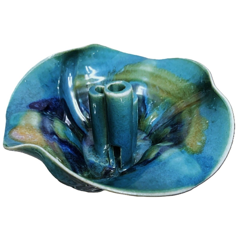 Art Pottery Ikebana MCM Style Bud Vase Flower Frog Draw Tube Water Basin Glazed